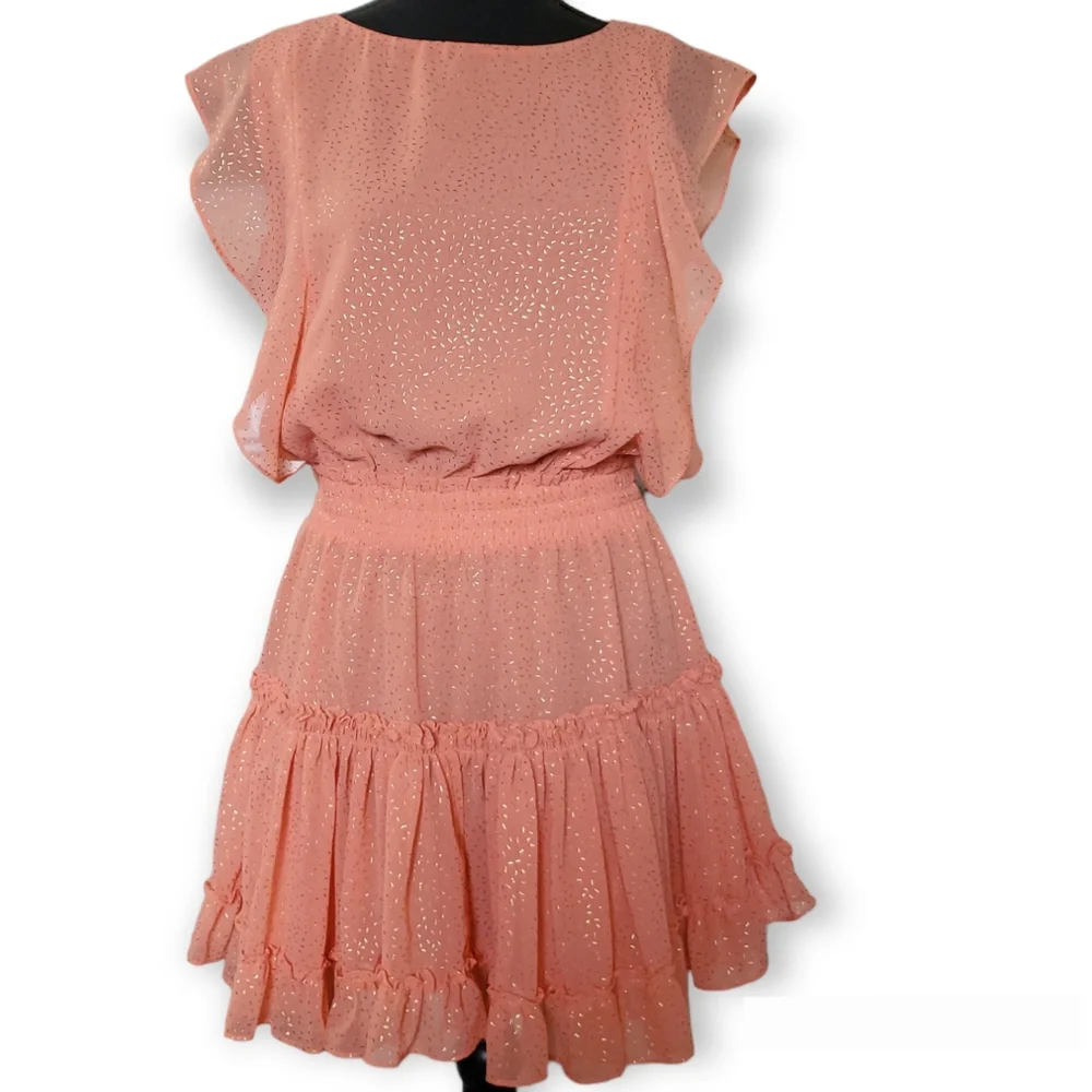 MISA LOS ANGELES small (S) coral peach gold foild confetti ruffles mini dress - Picture 1 of 16
